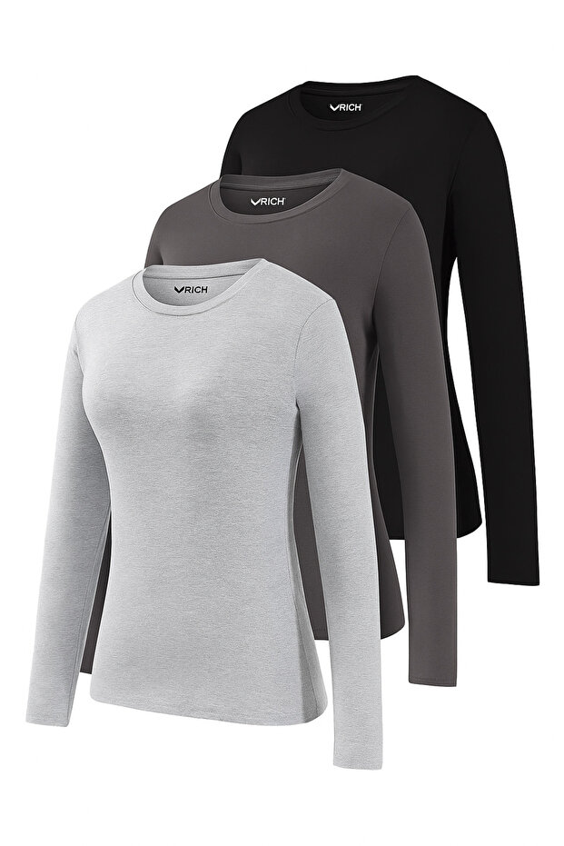 Women's Gray Melange-Smoked-Black 3-Pack Crew Neck Long Sleeve Bodysuit