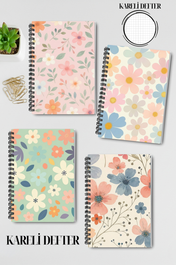 Pastel Color Flowers Design Wire Spiral A5 Squared 4-Piece Souvenir, Memory, School Notebook Set