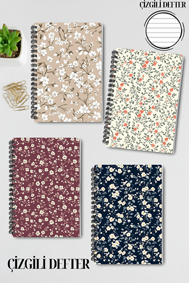 Mini Flowers Design Wire Spiral A5 Lined 4-Piece Souvenir, Memory, School Notebook Set