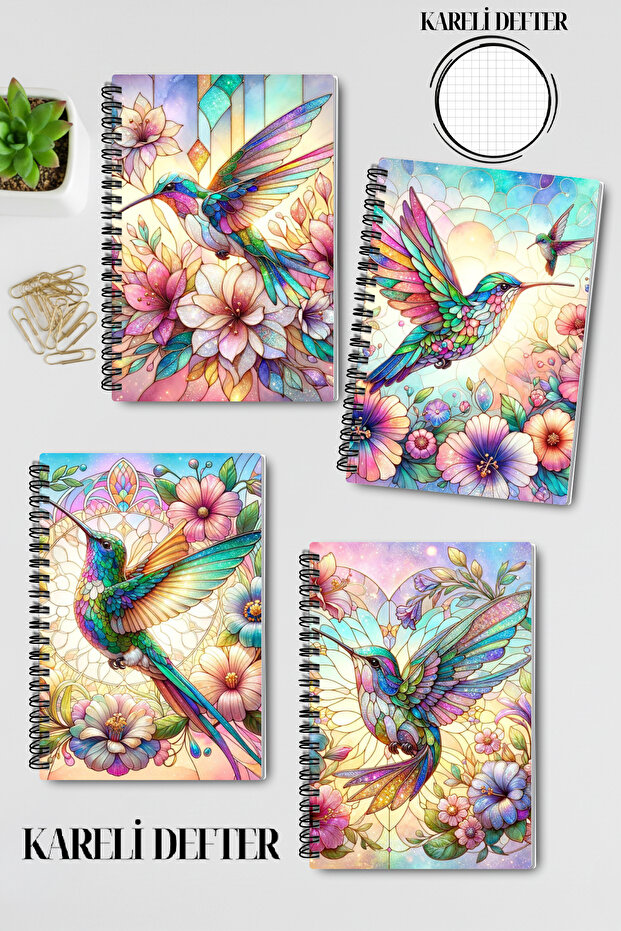 Cute Little Bird Stained Glass Look Design Wire Spiral A5 Squared 4-Piece Souvenir, School Notebook Set