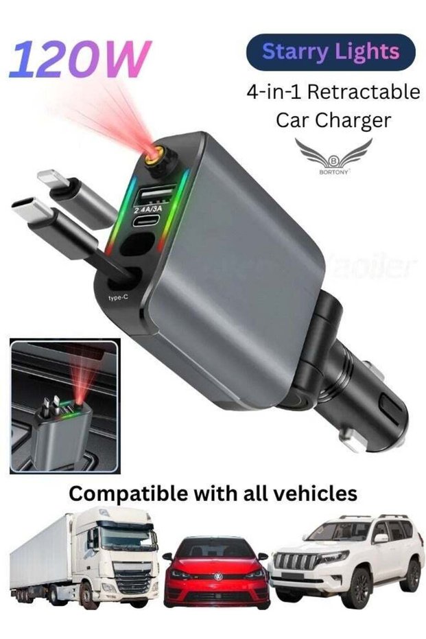 120W 4-in-1 Car Charger with Starry Sky Projector, Retractable Type-C & Lightning Cable