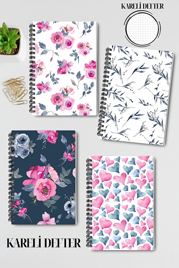Watercolor Themed Flowers Design Wire Spiral A5 Squared 4-Piece Souvenir, Memory, School Notebook Set