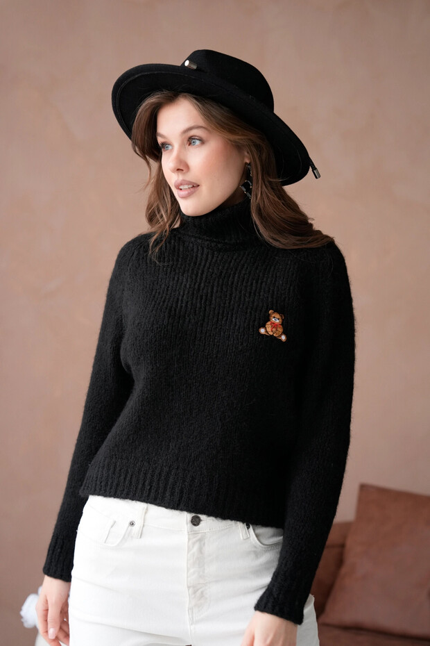 Women's Turtleneck Embroidered Detail Soft-Textured Ribbed Knit Sweater