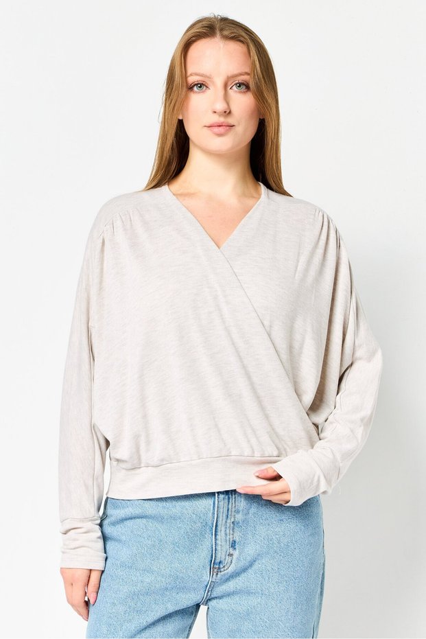 Women Surplice Neck Long Sleeve Knitted Top, Oatmeal Heather