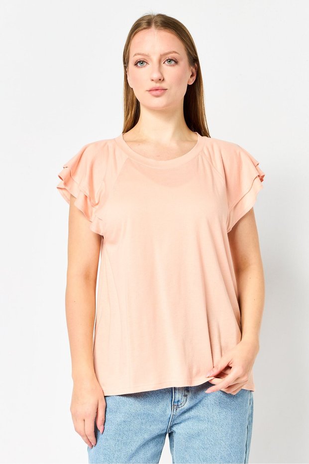 Women Round Neck Flounce Sleeve Plain T-Shirt, Peach