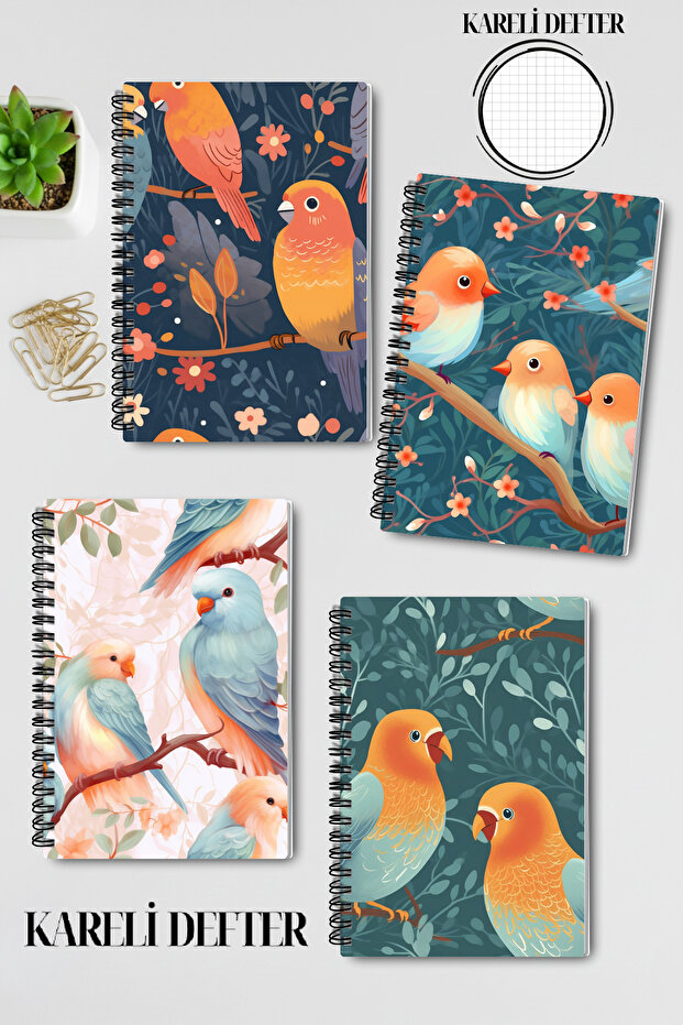 Little Birds No:3 Design Wire Spiral A5 Squared 4-Piece Souvenir, Memory, School Notebook Set
