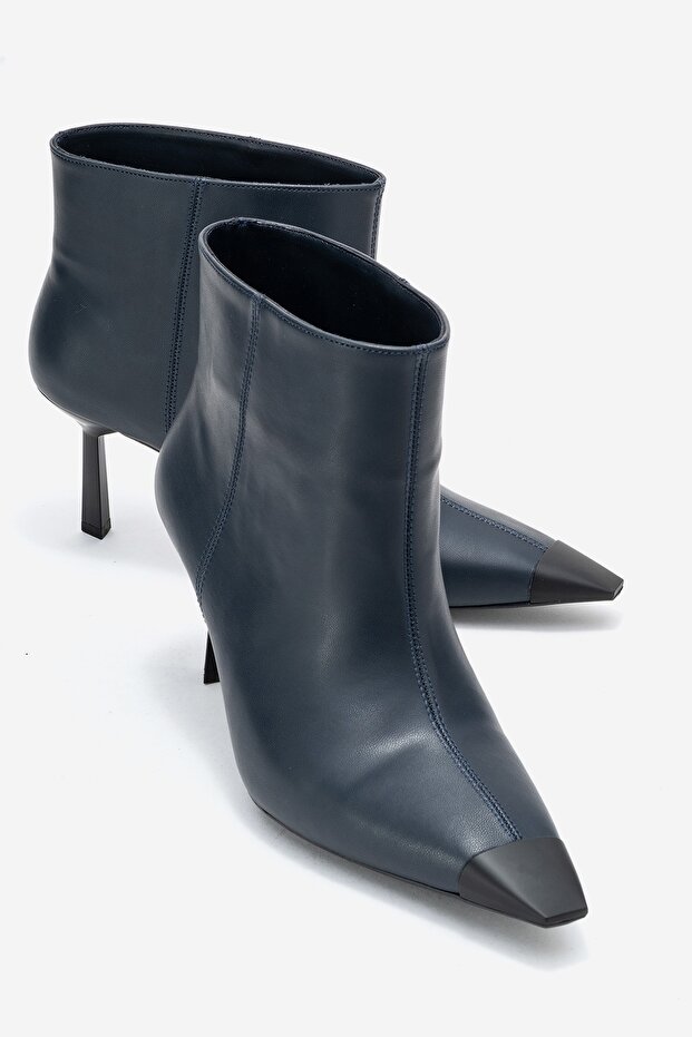Rassel Navy Blue Leather Matte Toe Women's Thin Heeled Boots