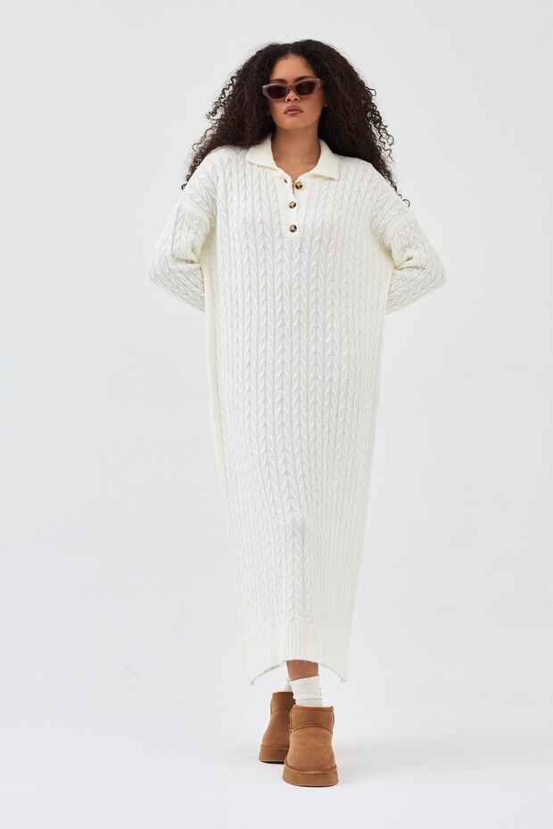 Lalezar Triko Elbise Beyaz - 4