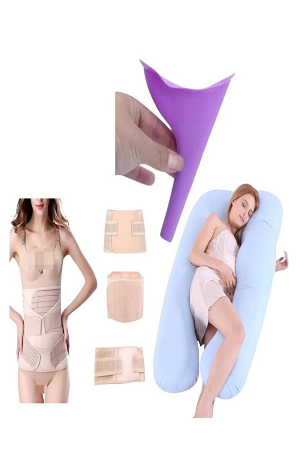 وسادة نوم للحوامل على شكل حرف U + قمع تبول للطوارىبعد الحمل مباشرة+ مجموعة احزمة 3 في 1المقاس: XL