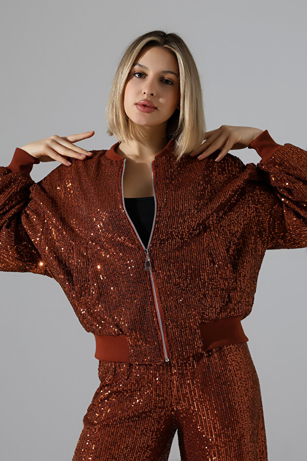 Women's Sequined Zippered Bomber Jacket