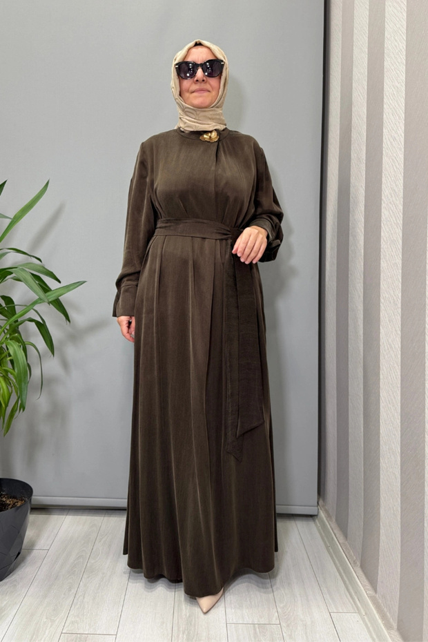 Silk Cupro Dress with Collar Accessories Brown 5011