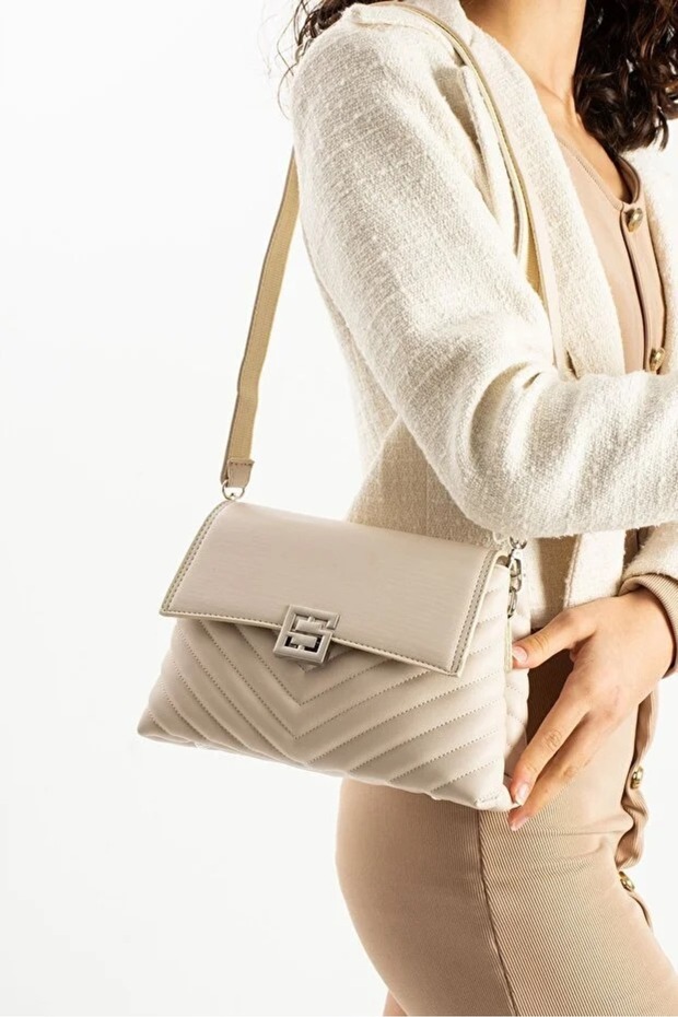Stylishly Designed Mink Women's Medium Size Crossbody Bag, Chain Strap, Embroidery and Flap Detail Shoulder Bag