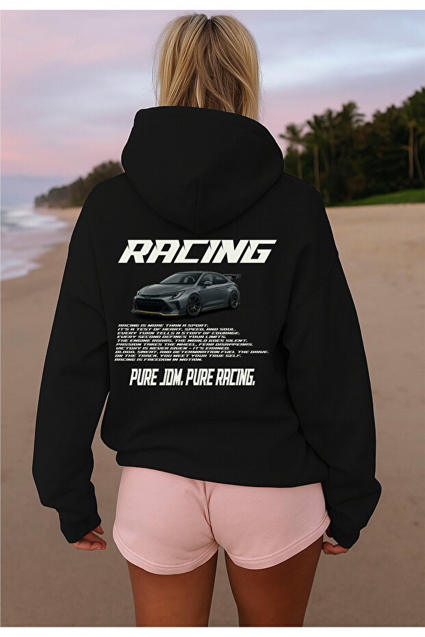 Motorsport Back Printed Racing Themed Women's Hooded Sweatshirt Unisex Black Basic Sweatshirt Hoodie