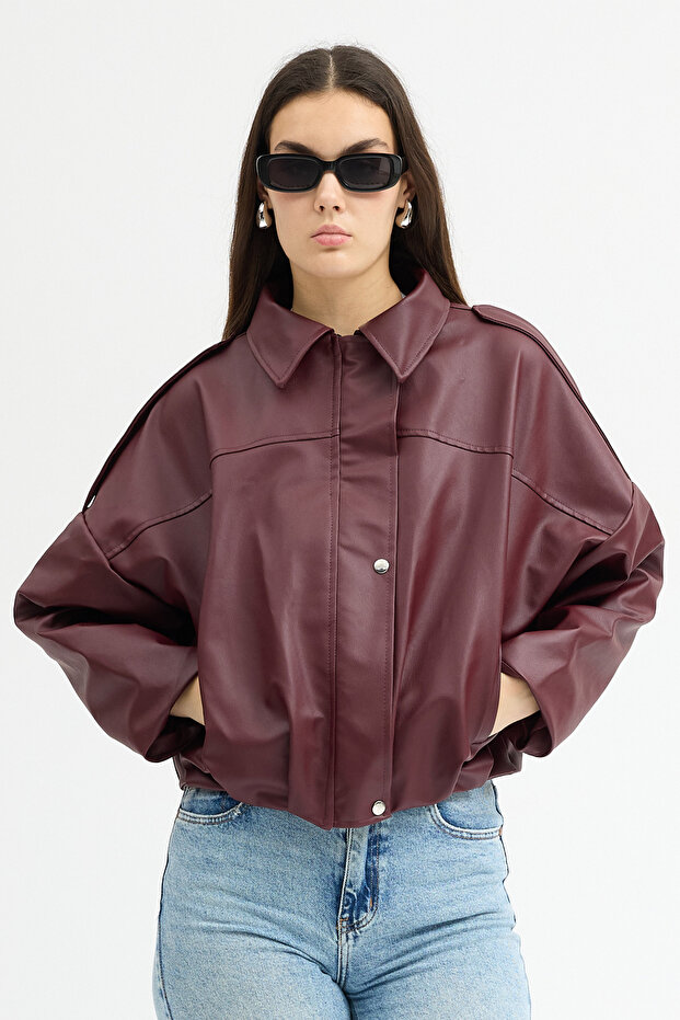 Women's Epaulet Oversized Leather Jacket | Stylish Outerwear with Zipper and Buttons
