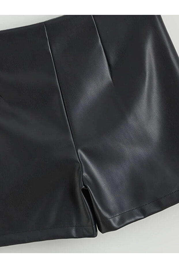 LCW Vision Siyah Beli Fermuarlı Deri Görünümlü Şort Etek - 2