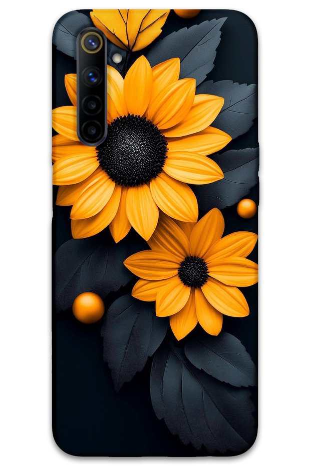 غطاء خلفي لهاتف Realme 6 Pattern مطبوع - زهرة سوداء