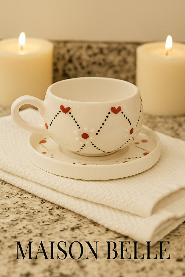 Heart and Daisy Detailed Coffee Tea Cup with Saucer 200 ml