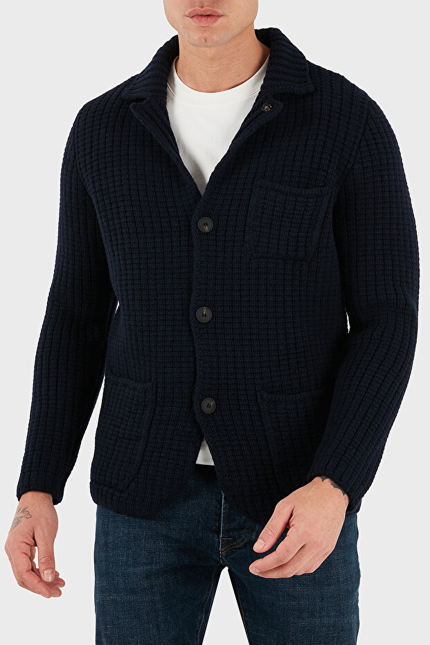 100% Wool Regular Fit Pocketed Buttoned Knitted Jacket Men's Jacket 10166 25073 598