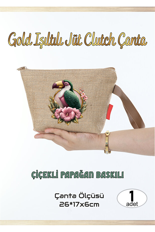 Gold Sparkling Jute Clutch Bag Floral Parrot 1 Piece