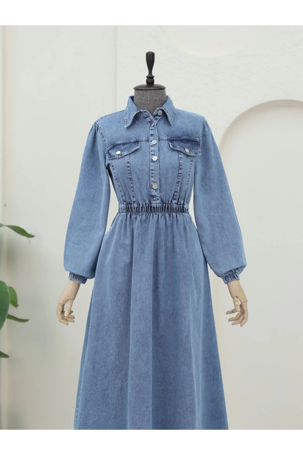 فستان من الدنيم بخصر مطاطي نصف زر - أزرق ثلجي - 3