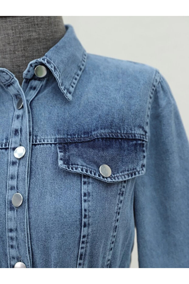 فستان من الدنيم بخصر مطاطي نصف زر - أزرق ثلجي - 6