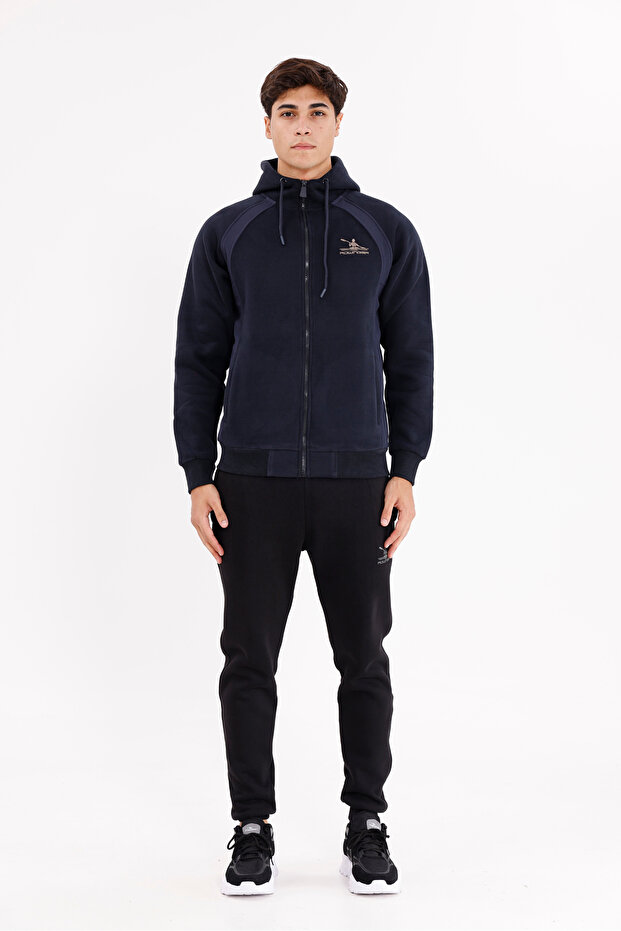 Two Piece Sports Tracksuit Set with Side Panel Detail Zippered Hooded Top and Bottom with Pockets