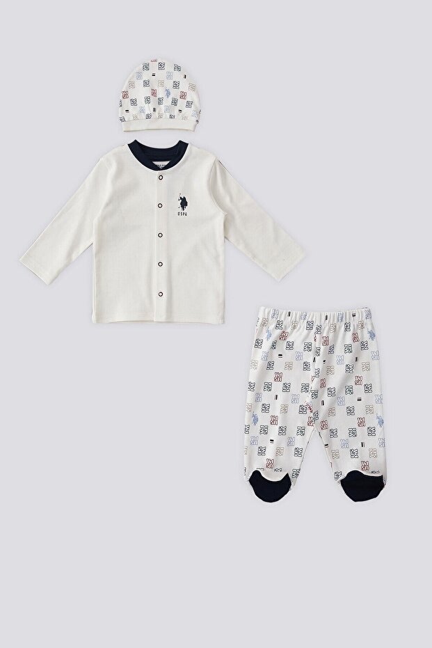 Base. Polo Assn Cream Snap Fastener Uspa Pattern Baby 3-Piece Set