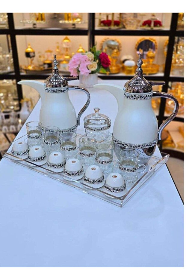 22Pcs Ramadan Kareem Arabic Tea & Coffee Set with Tray - Gold