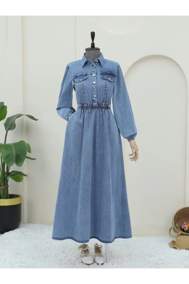 فستان من الدنيم بخصر مطاطي نصف زر - أزرق ثلجي - 2