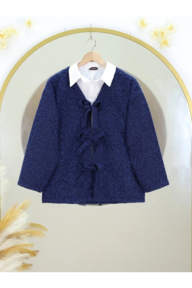 Front tied striped cashmere jacket - navy - 1