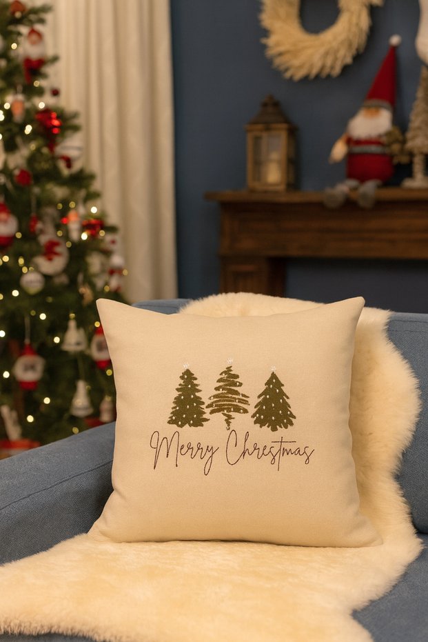 Merry Christmas Written Tree Pattern Decorative Pillow Case | Embroidered New Year Pillow