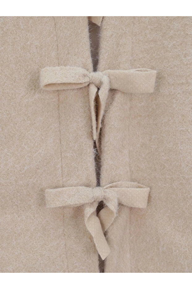 Önü Bağlamalı Kırçıllı Kaşe Ceket -Bej - 3