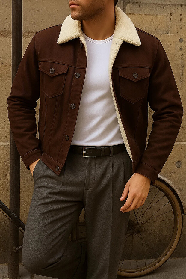 معطف شتوي رجالي من الفرو الصناعي باللون البني الداكن - 4