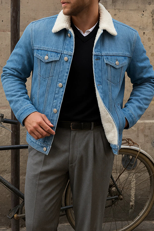 معطف شتوي رجالي من القطيفة باللون الأزرق الداكن مع فرو من الداخل - 1