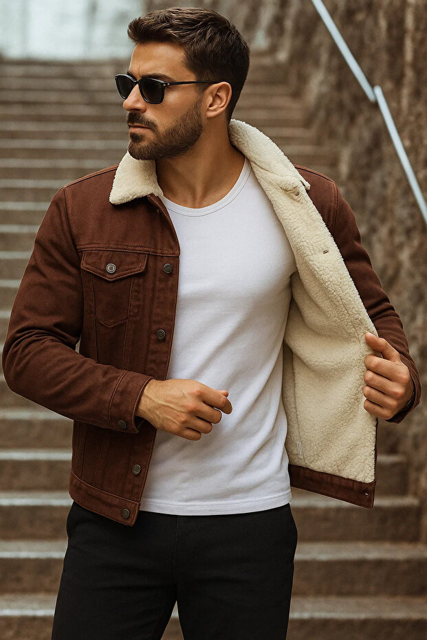 Men's Winter Trend Fur Inside Plush Brown Denim Jacket