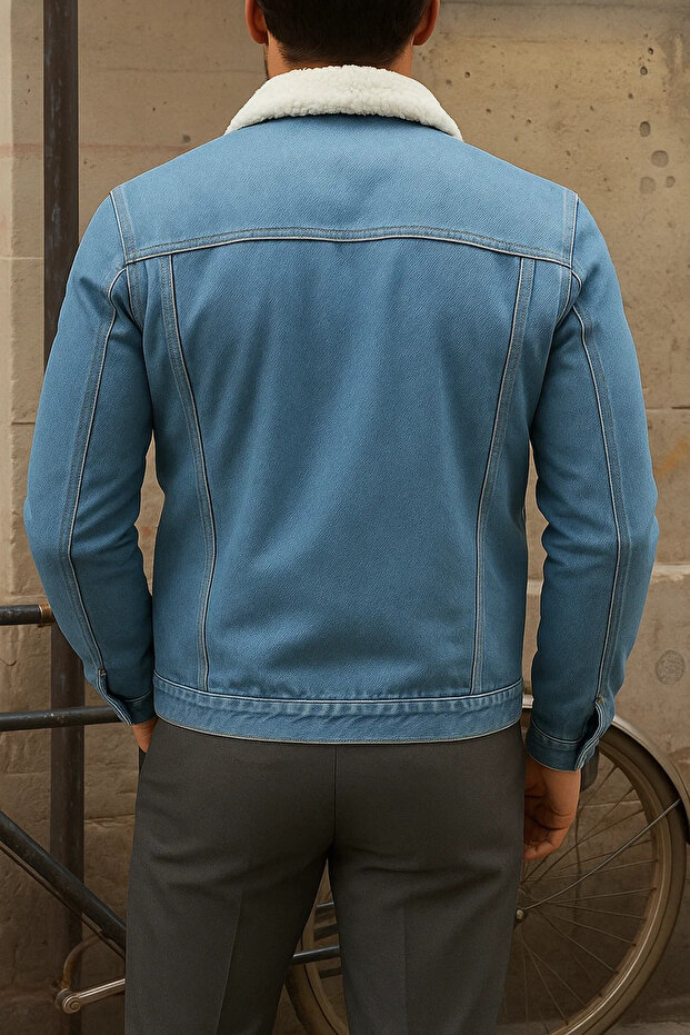 معطف شتوي رجالي من القطيفة باللون الأزرق الداكن مع فرو من الداخل - 5