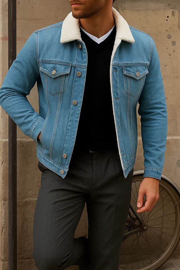 معطف شتوي رجالي من القطيفة باللون الأزرق الداكن مع فرو من الداخل - 3