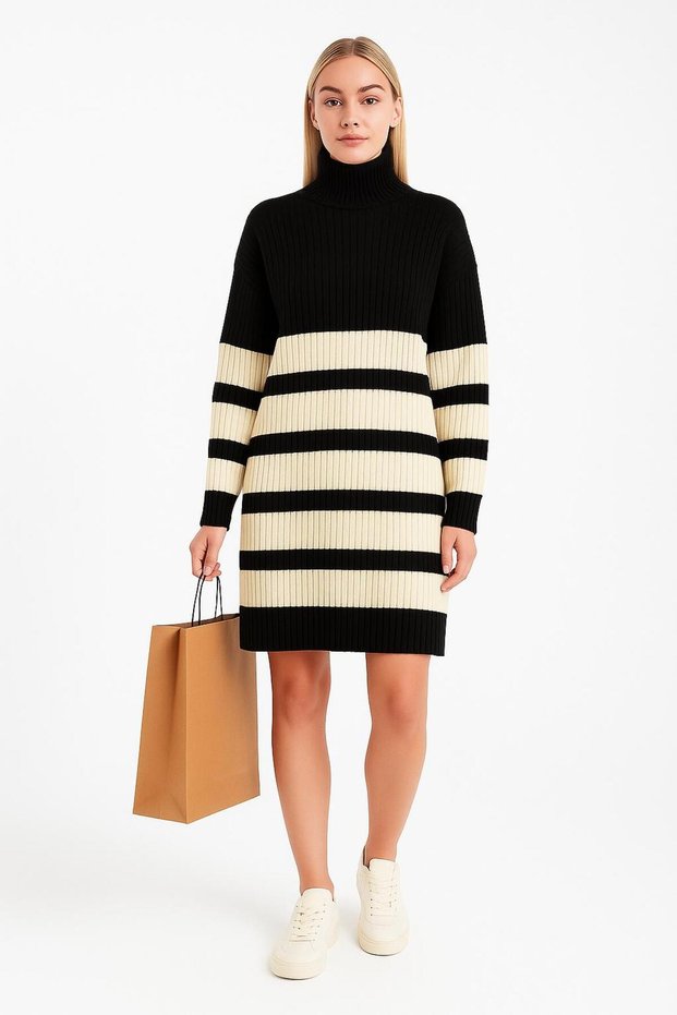 Women's Mock Neck and Boydan Corded Fabric Knitwear Tunic-Dress