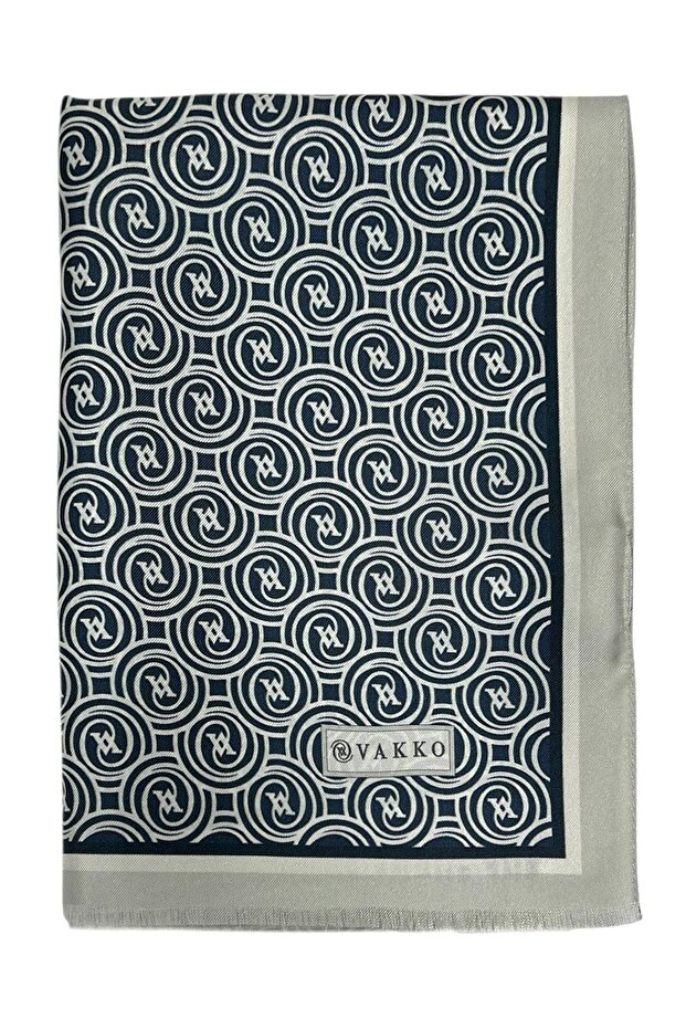 Twill Silk Shawl - Helezon Monogram - Navy Blue Ecru