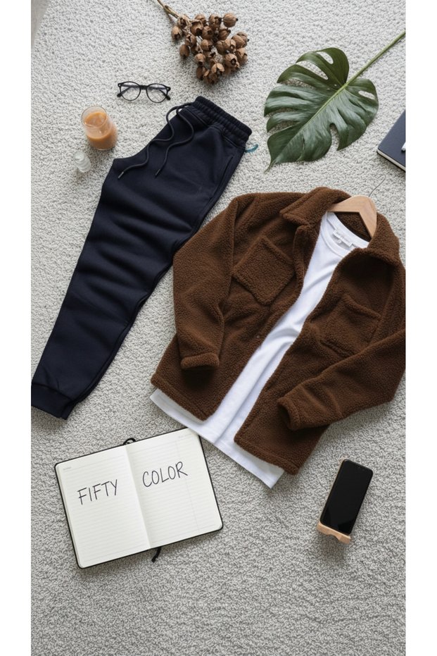 Coffee-Colored Buttoned Plush Jacket + Black Sweatpants Bottom Combination