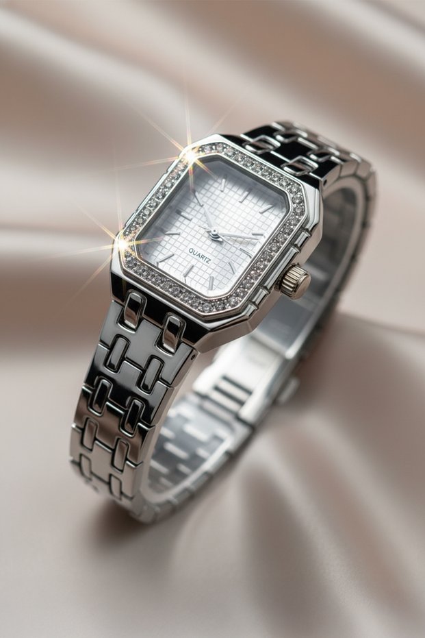 Cartes Model Square Case Women's Stone Silver Women's Wristwatch