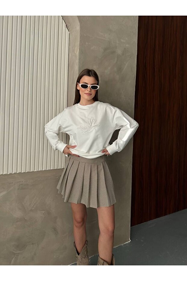 Bird Logo Stone Detailed Oversized White Sweatshirt