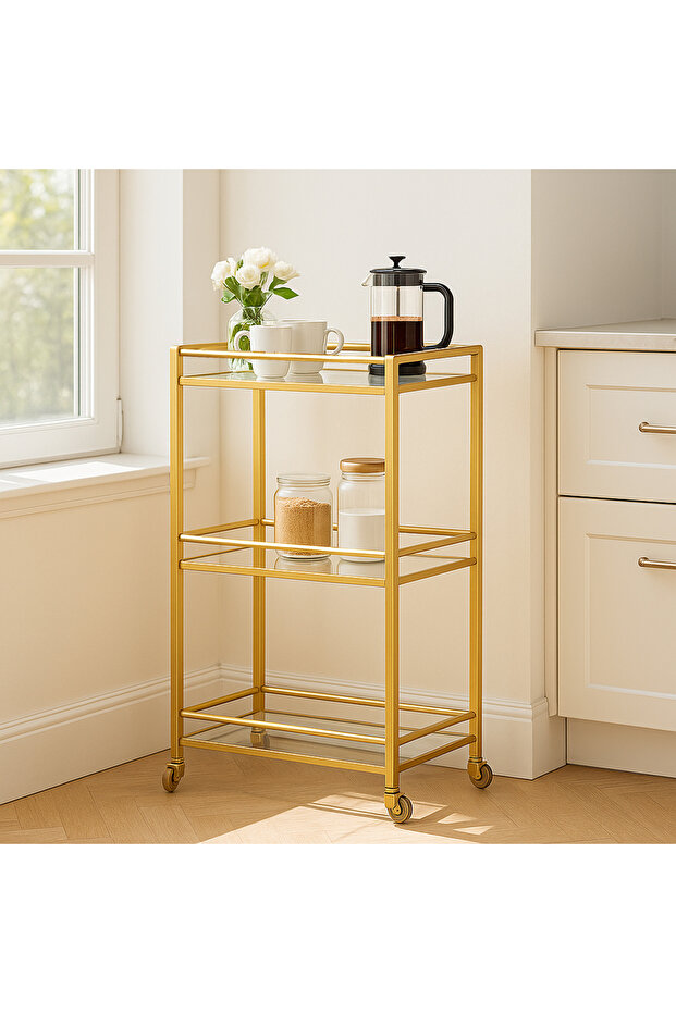 3-Tier Bar Cart with Clear Glass Shelves & Welded Metal Frame – No Installation Needed