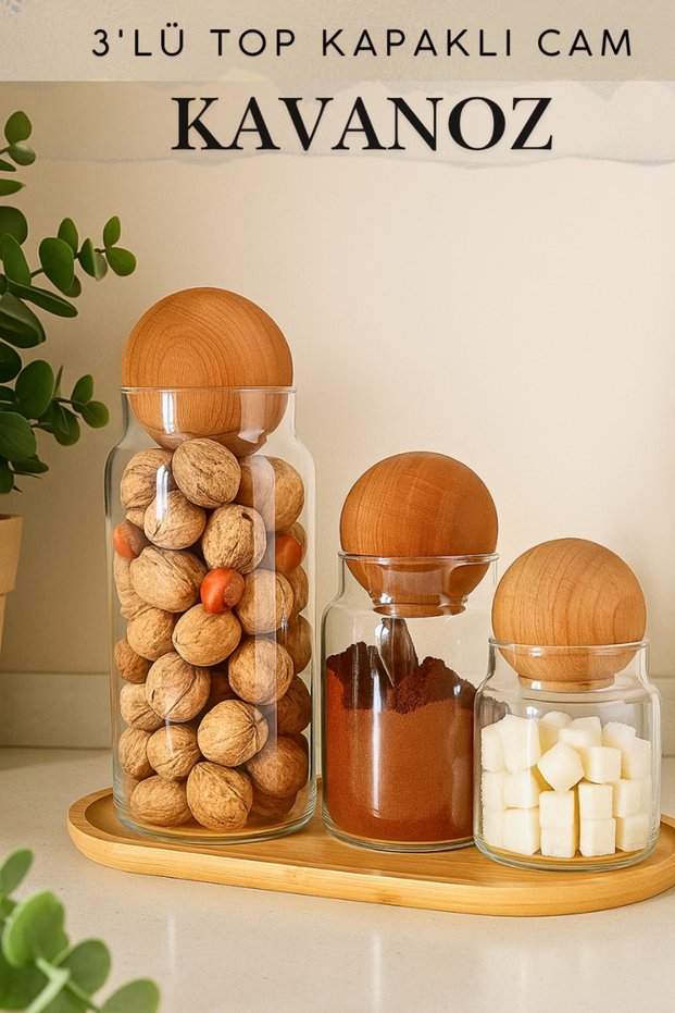 Set of 3 Wooden Ball Cork Lid Glass Jars, Sugar Bowl, Snack Bowl, Seasoning Bowl and Storage Container