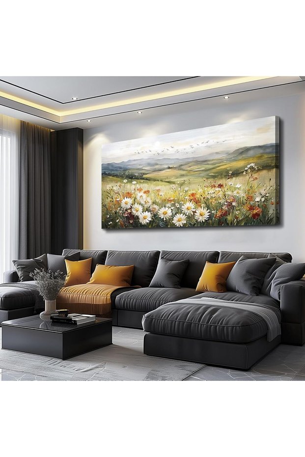 Yellow Tree Canvas Wall Art (50x100 cm Framed) – Large Nature Landscape Painting for Home & Office