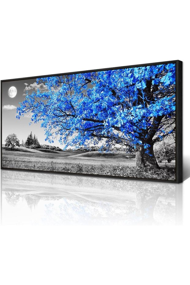 Blue Tree Scenery Pictures Canvas (60x120 cm Framed) – Nature Wall Art for Bedroom
