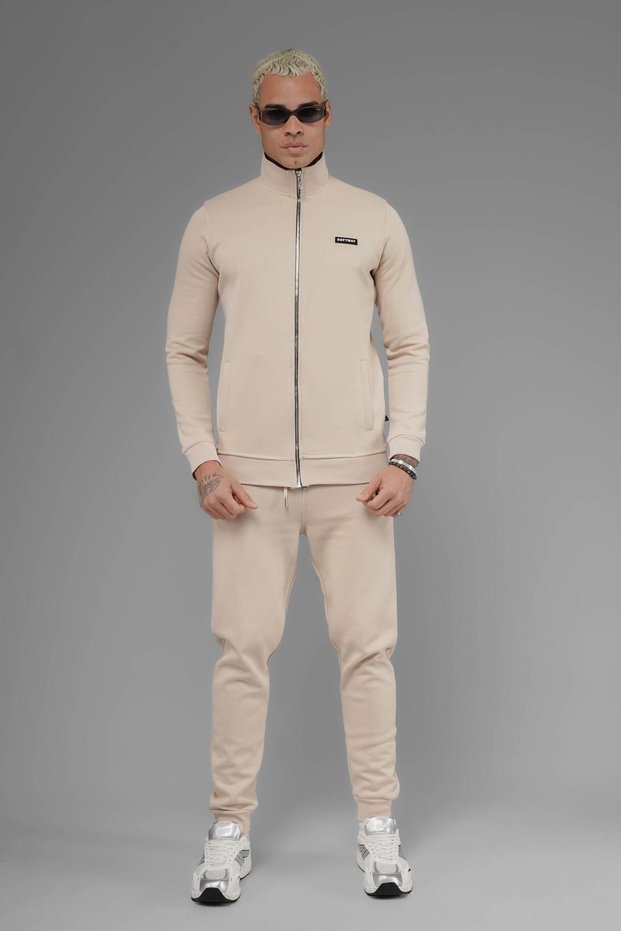 Unisex Regular Fit Interlock Pique Sweatshirt with Mock Neck Zipper Pockets - Beige