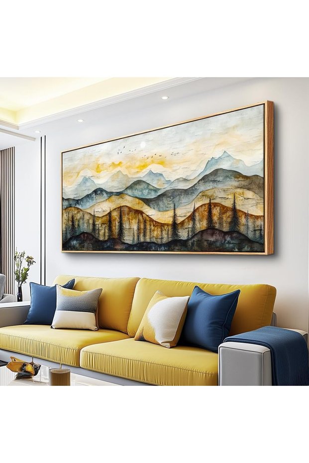 Abstract Mountain Landscape Painting Framed Canvas (60x120 cm Framed) – Large Wall Art Decor