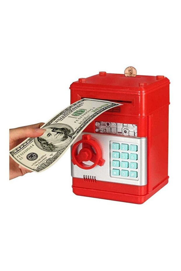 Electronic Mini ATM Piggy Bank with Password, Music & Auto-Scroll Cash (Red)