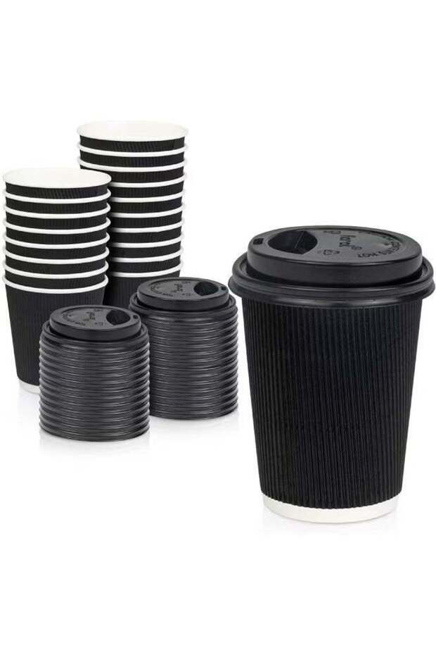 Disposable Ripple Coffee Cup 12 Oz With Lid – Black, Suitable for Home, Office, Restaurant